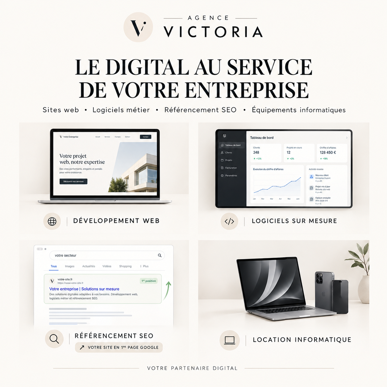 Les univers d'Agence Victoria : développement web, logiciels sur mesure, référencement Google et location informatique